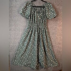 Uniqlo Dress Womens Large Green Floral Puff Sleeve V-Neck Smocked Midi Sundress